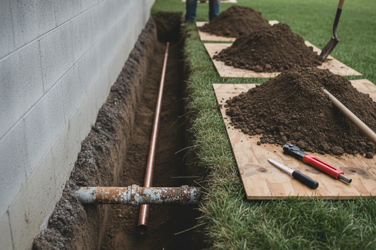 Excavated water line trench during Water Softener Installation in Bradford